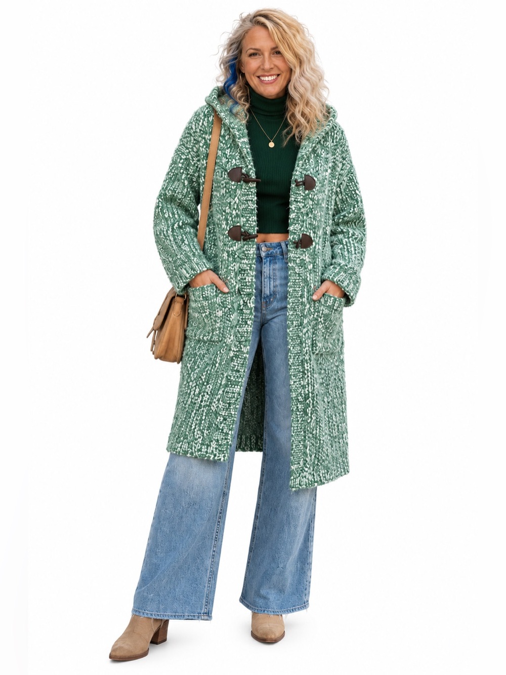 West End Girls Hooded Toggle Sweater Coat Green Fuzzy Long Cardigan